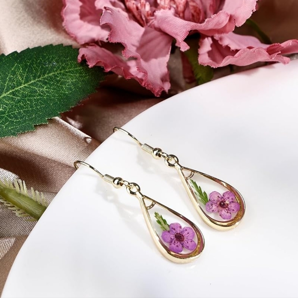 Elegant Gold and Purple Floral Drop Earrings